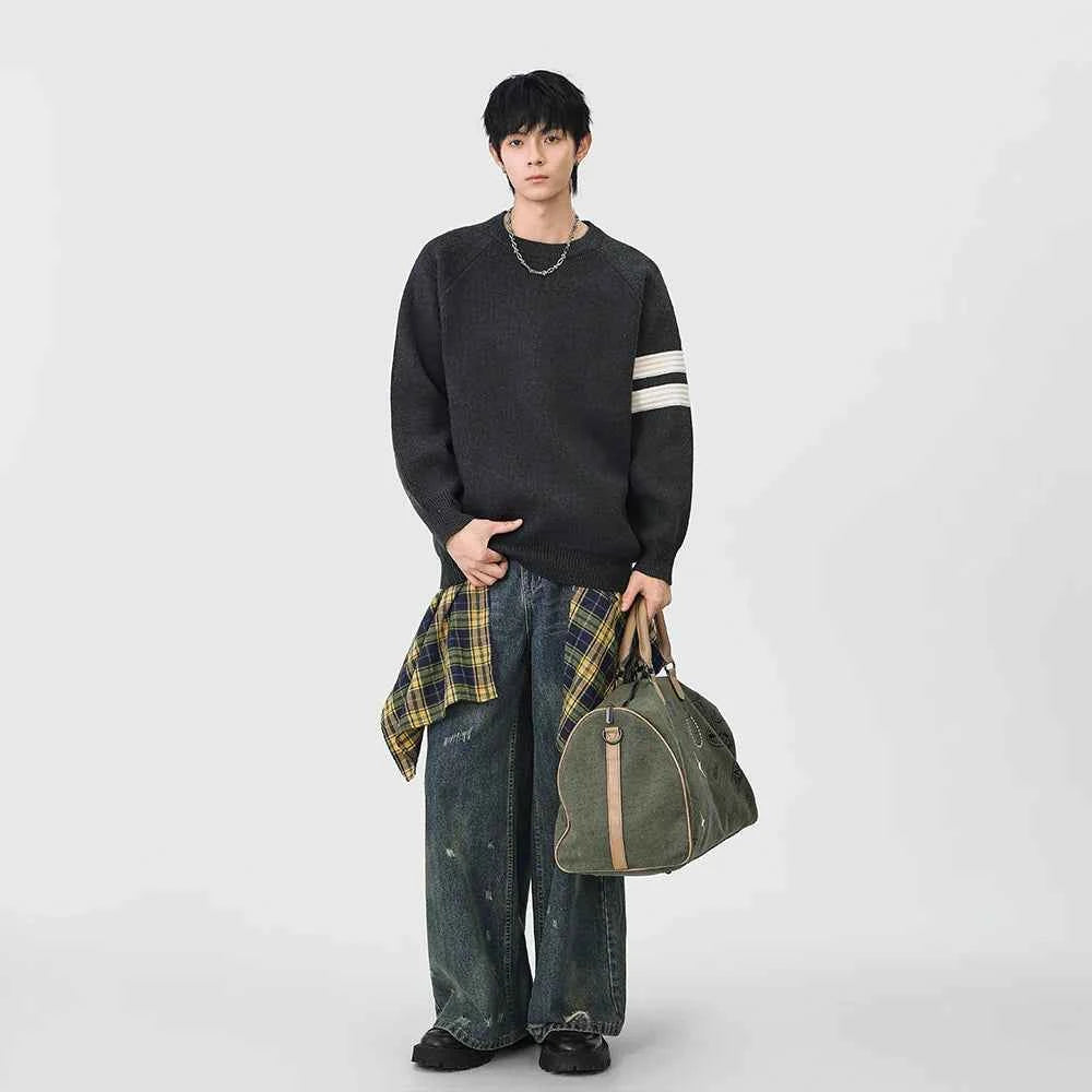 Striped Knit Crewneck Raglan Sleeve Sweater
