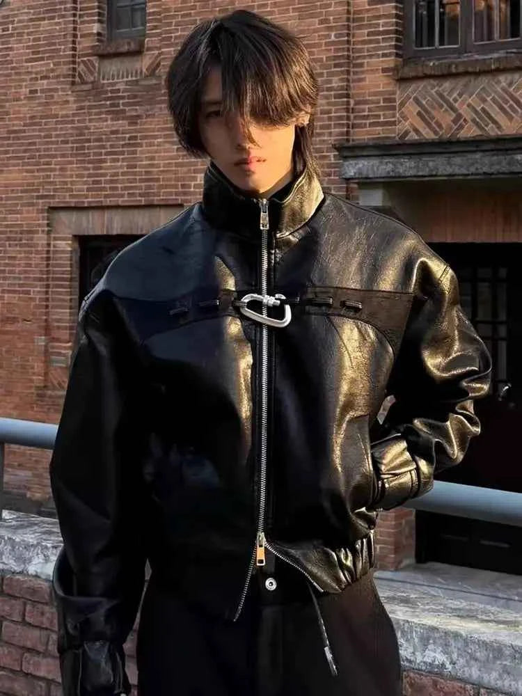 Black Stand Collar PU Leather Jacket