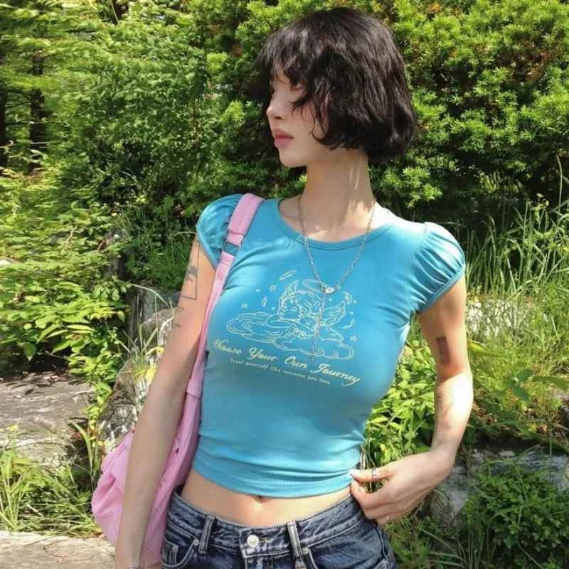 Spicy Angel Print Bubble Short Sleeve T-Shirt