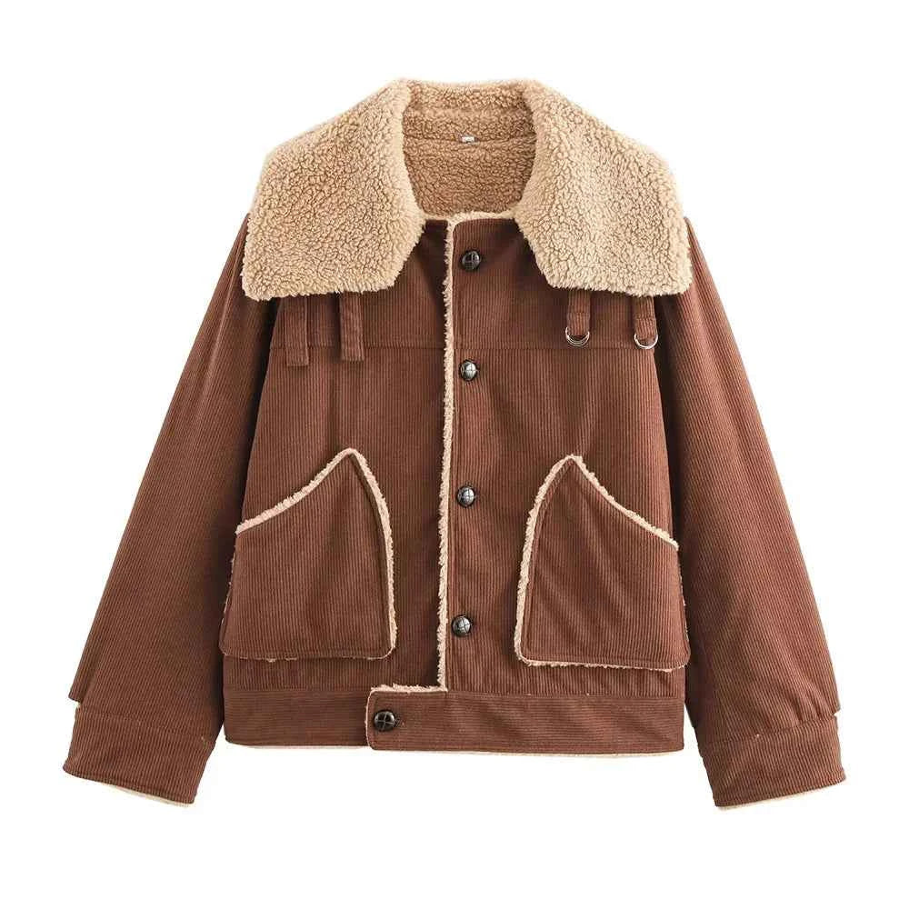 Women Solid Spliced Button Fur Jacket