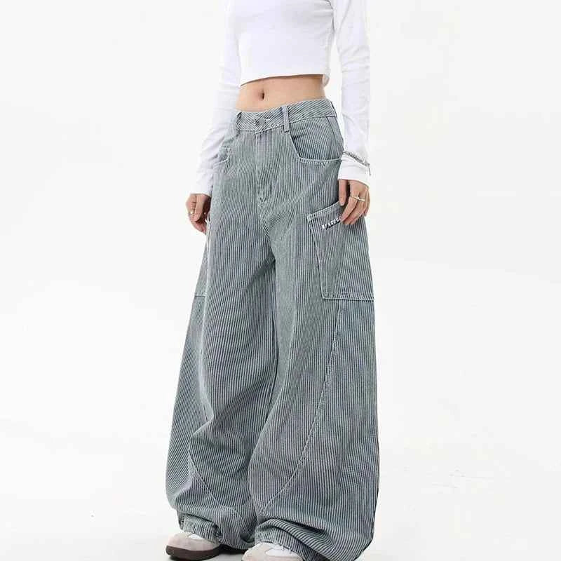 Y2K Striped Curved Knife Wide Leg Cargo Jeans