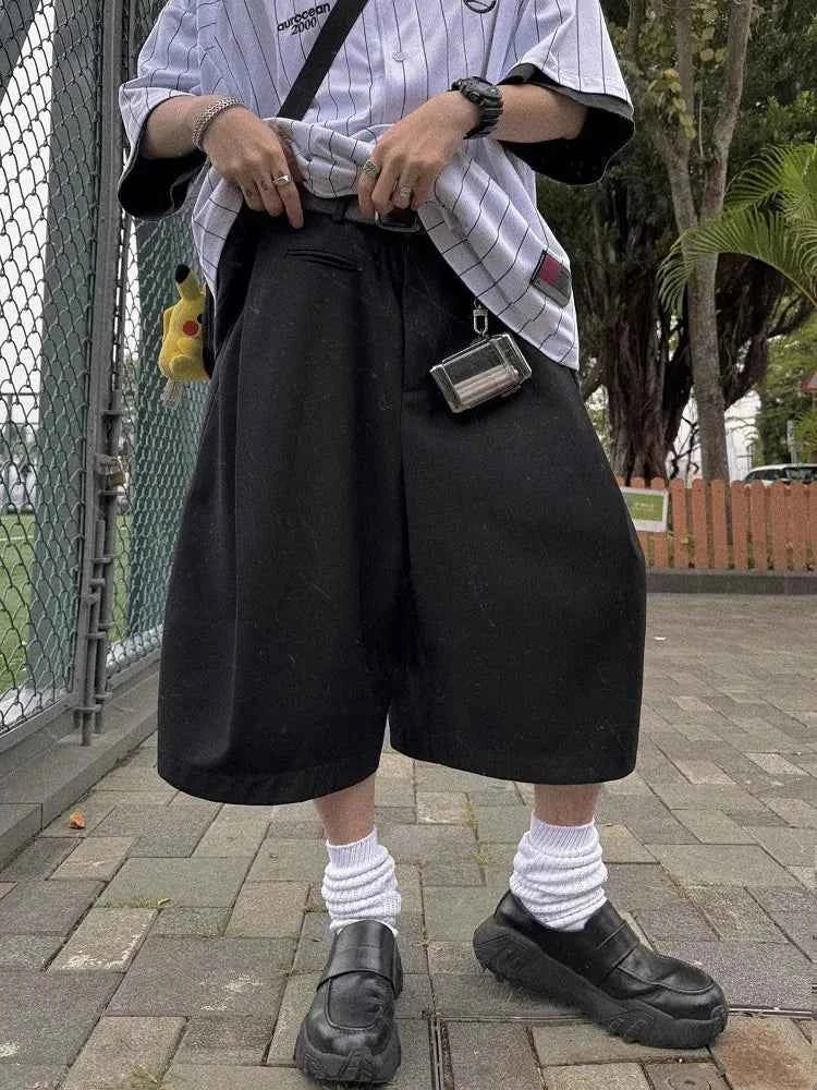 Black Soft Knee-Length Wide-Leg jorts