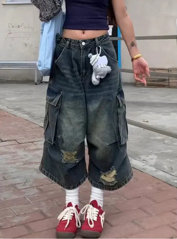 Streetwear Comfort Vintage Blue Washed High Waist Jorts - Luxuryurbanwear