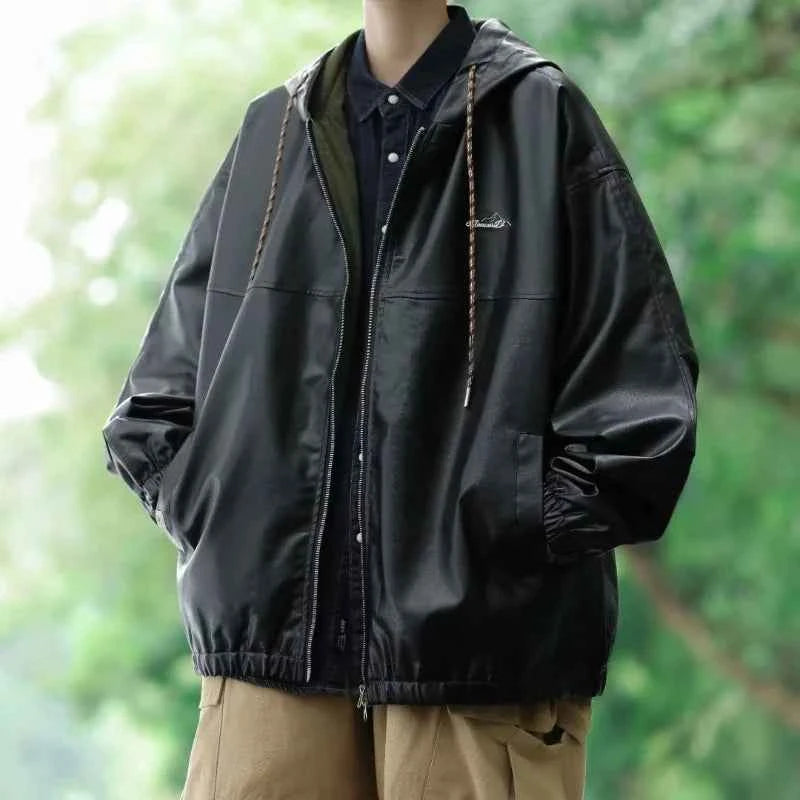 Streetwear Trendy Drawstring Leather Hooded Jacket