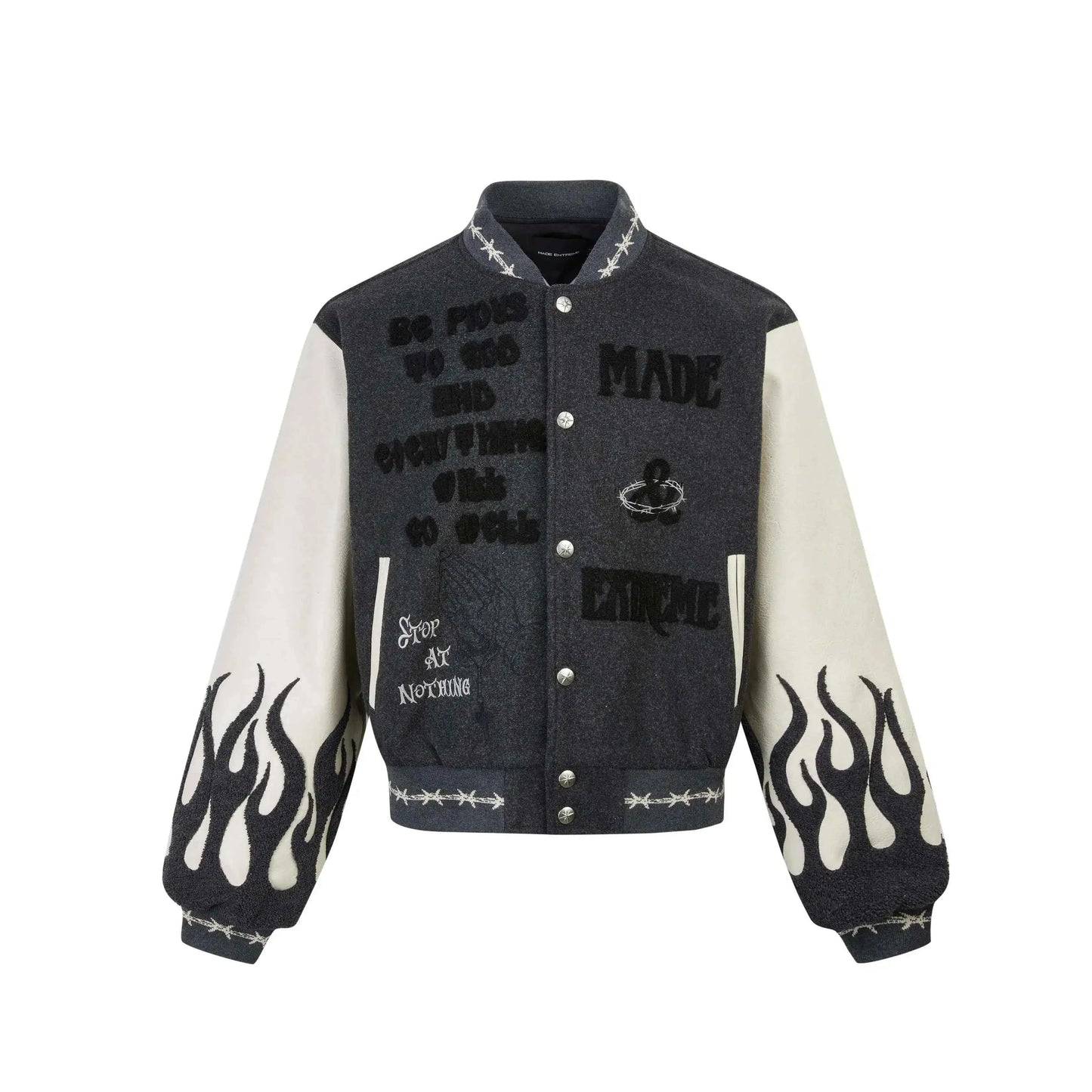 Flame Mixed Knit Embroidery Colorblock Jacket