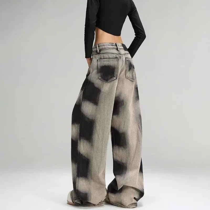 Women Vintage Grey Tie Dye Baggy Jeans