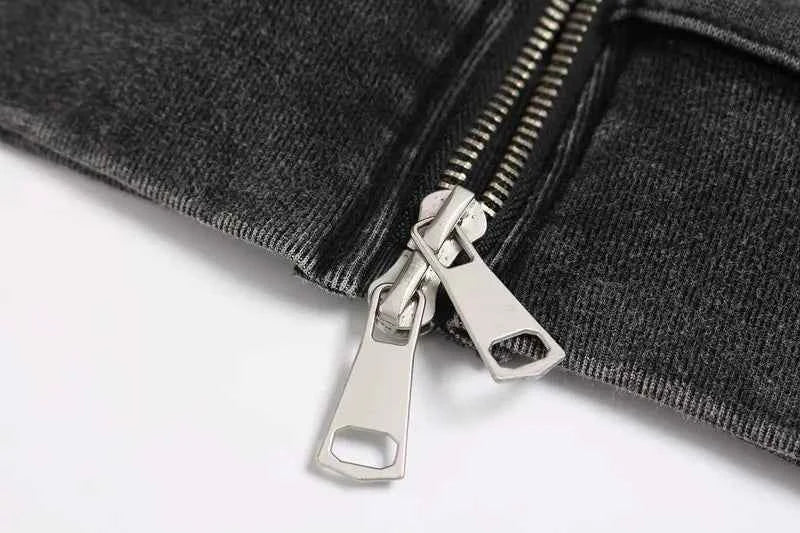 Streetwear Distressed Zip-Up Hooded Race Sweatshirt