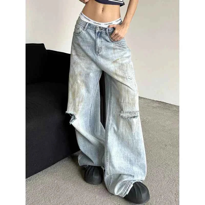 Chic Washed Distressed Korean Style High Waist Jeans