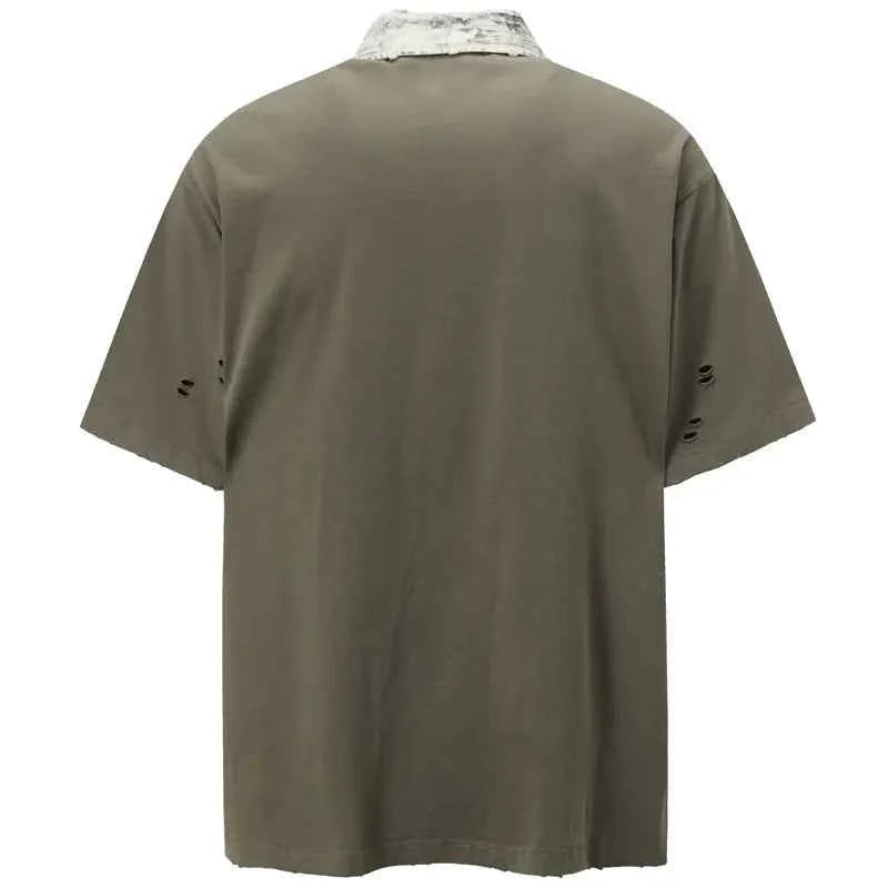 Retro Punk Grunge Patched Ripped Polo Collar T-Shirt