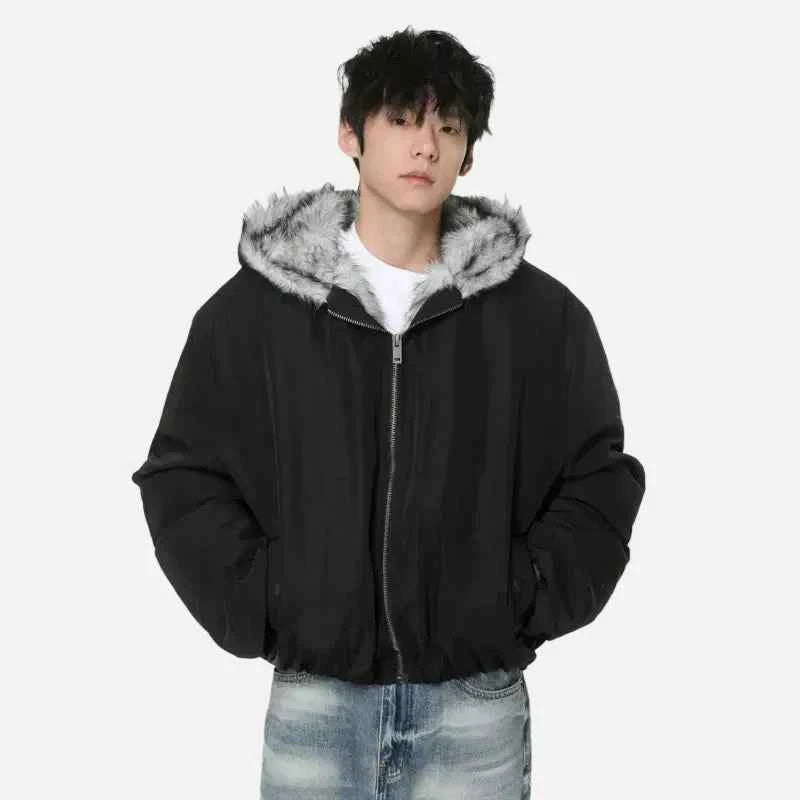 Retro Solid Color Thicken Hooded Fur Jacket