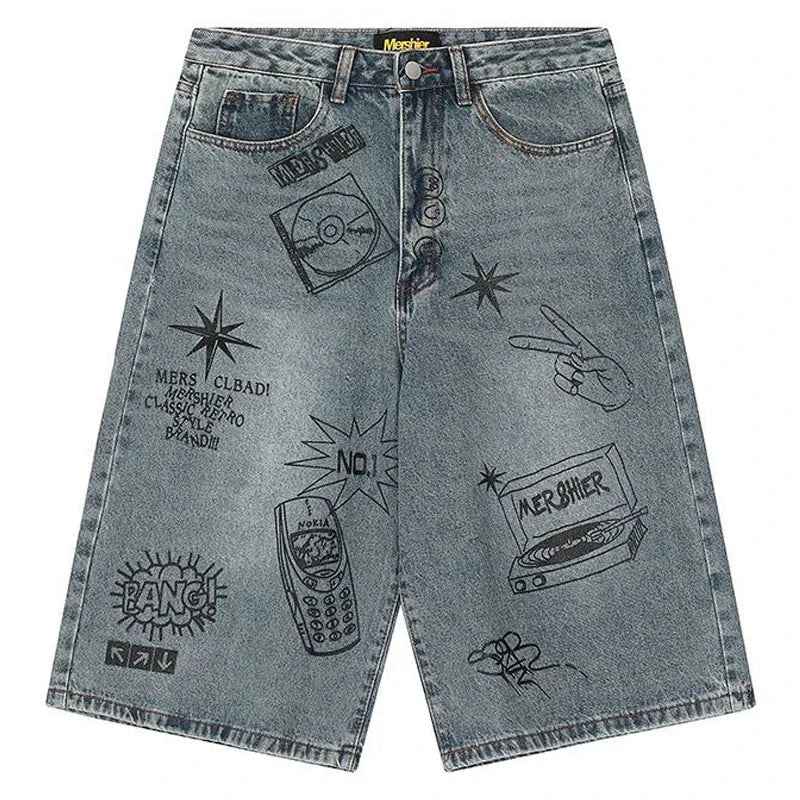 Apex Graffiti Print Vintage Denim Short