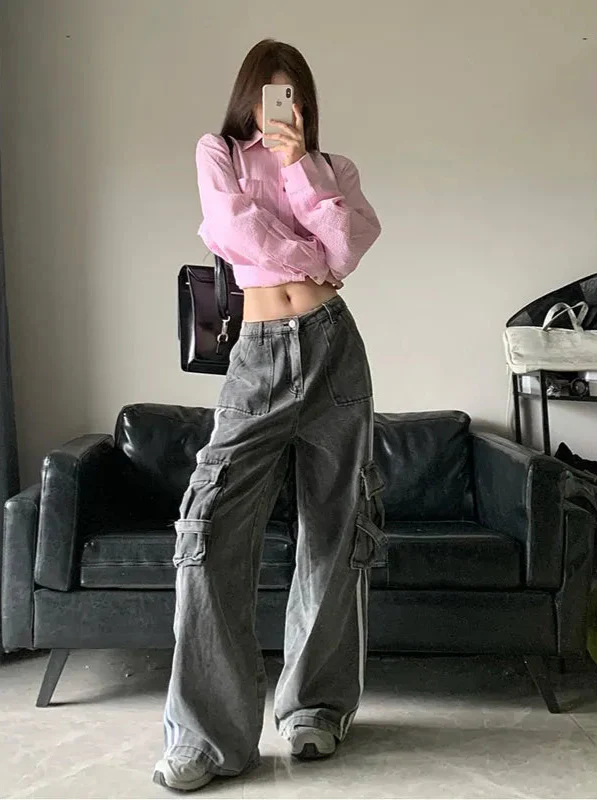Women Retro Comfort Vintage Blue High Waist Cargo Jeans - Luxuryurbanwear