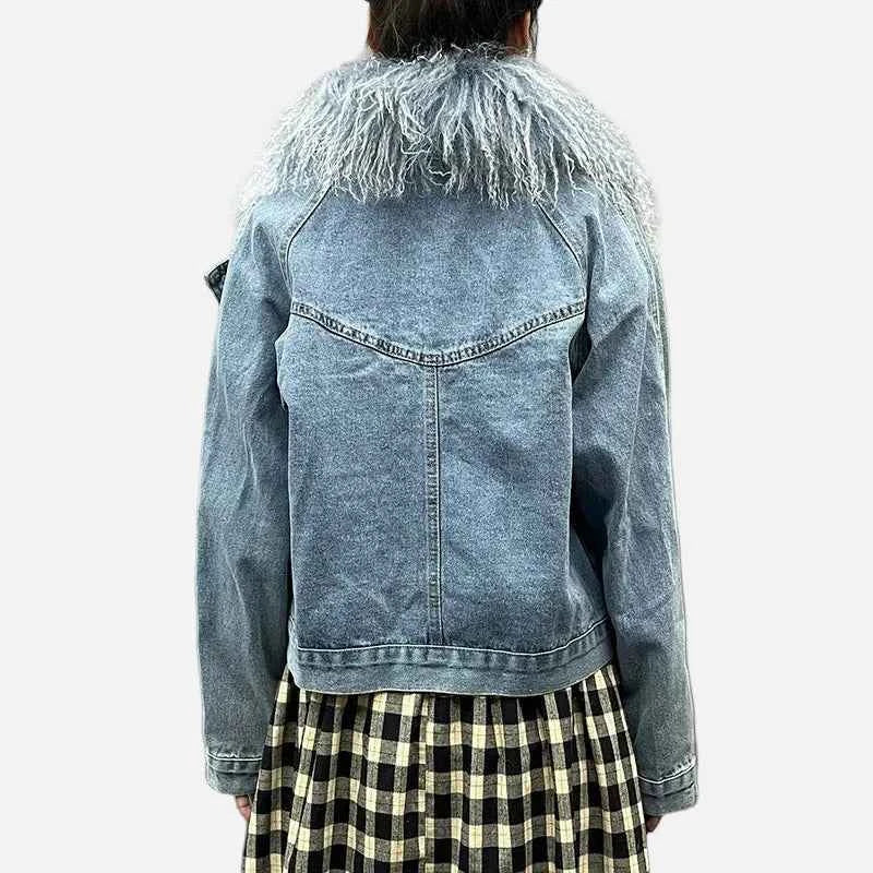 Stylish Mongolian Faux Fur Collar Denim Jacket