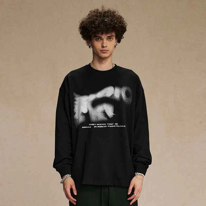 Blurred Letters Graphic Black Long Sleeve T-Shirt
