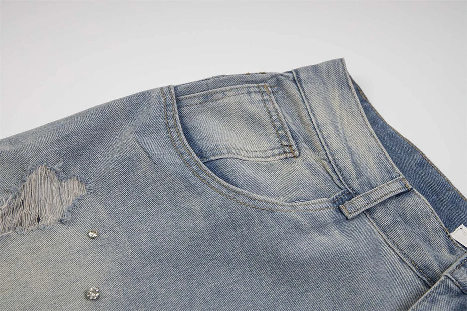 Rhinestone Denim Ripped Shorts