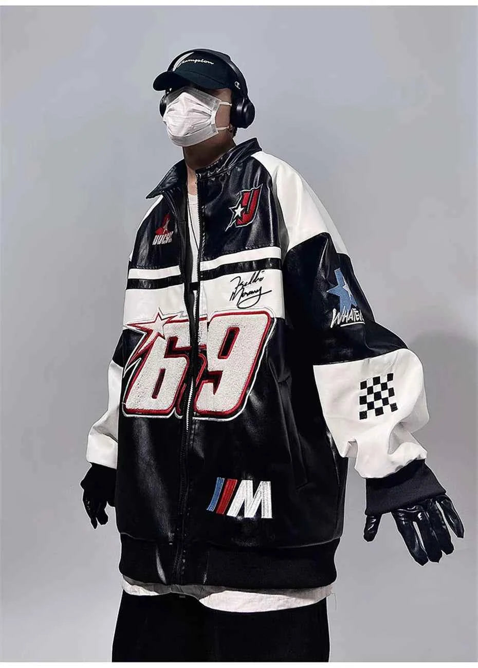 Streetwear Vintage PU Leather Race Jacket