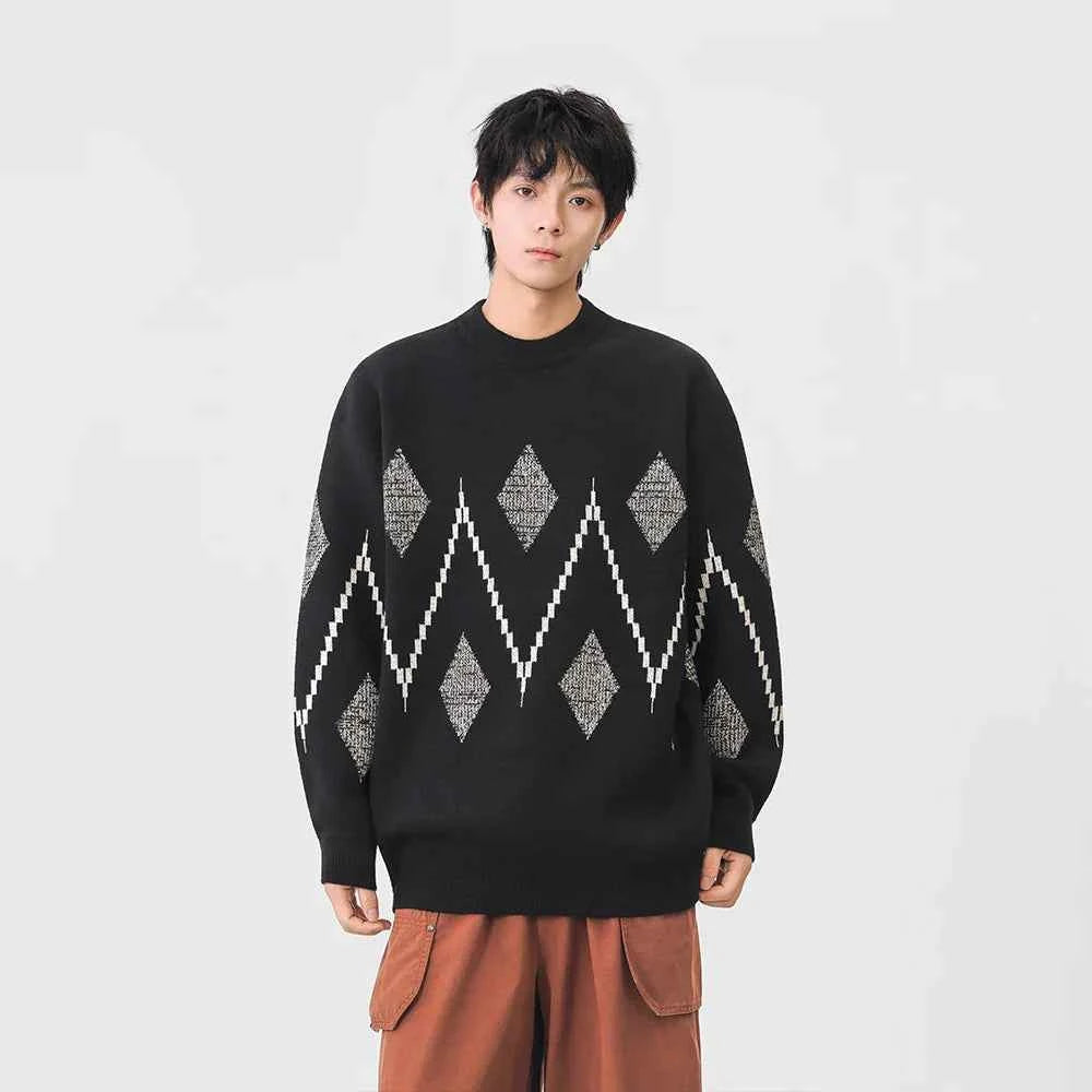 Cozy Argyle Knit Crew Neck Classic Sweater