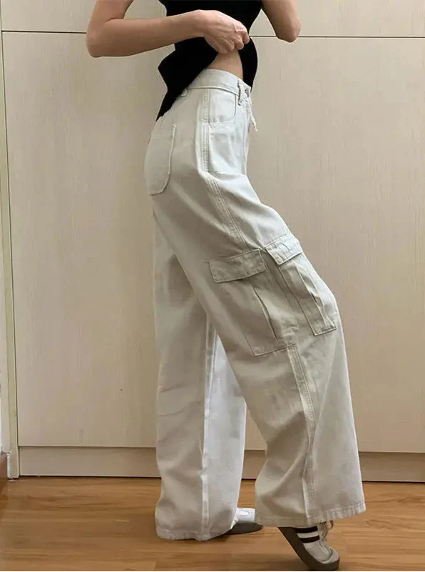 Cool Streetwear Beige High Waisted Cargo Jeans - Luxuryurbanwear
