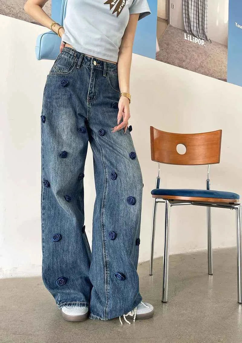 Wardrobe Staple Floral High Waist Wide Leg Jeans