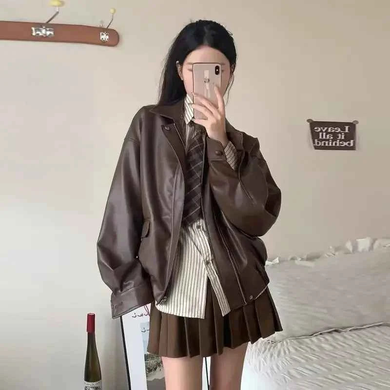 Women Vintage Brown Zipper Leather Jacket