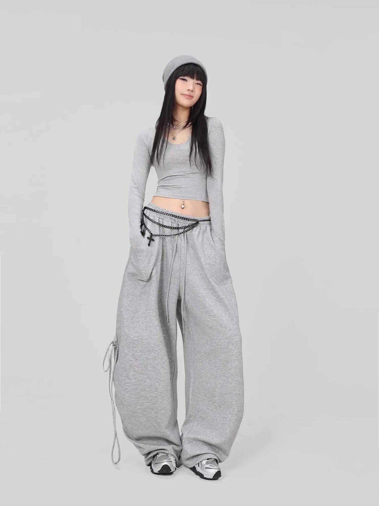 Soft Gray Drawstring Hip Hop Pants