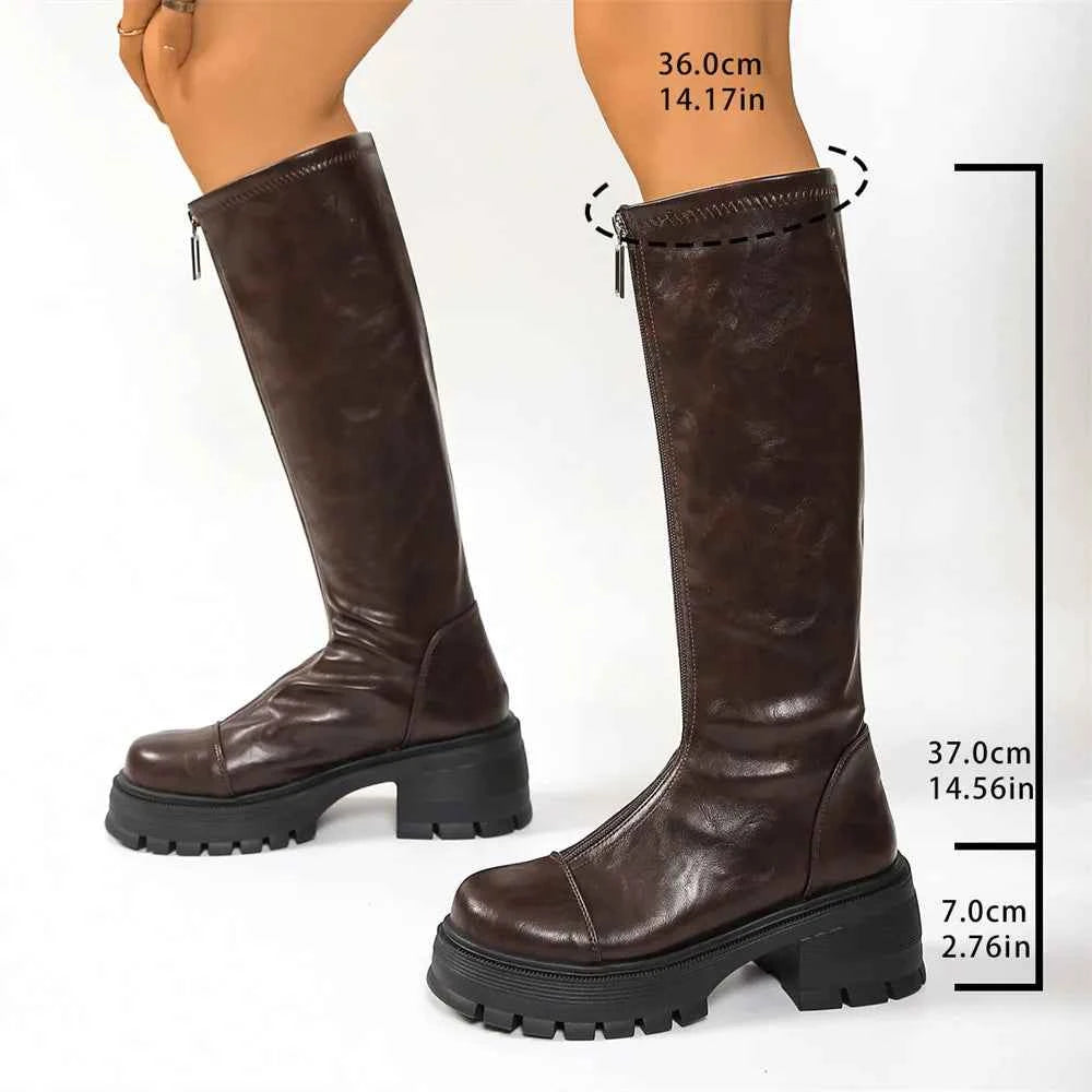 Gothic Front Zipper Knee High Leather Boots