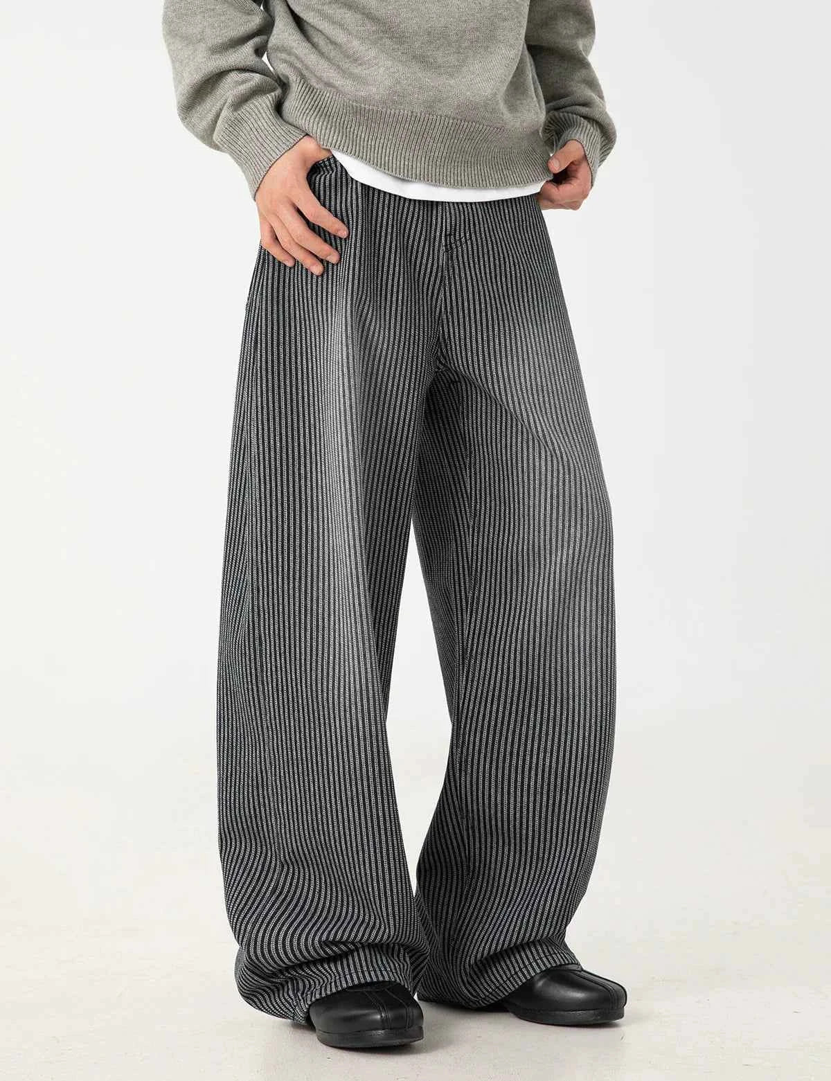 Streetwear Washed Relaxed Fit Striped Straight Leg Jeans