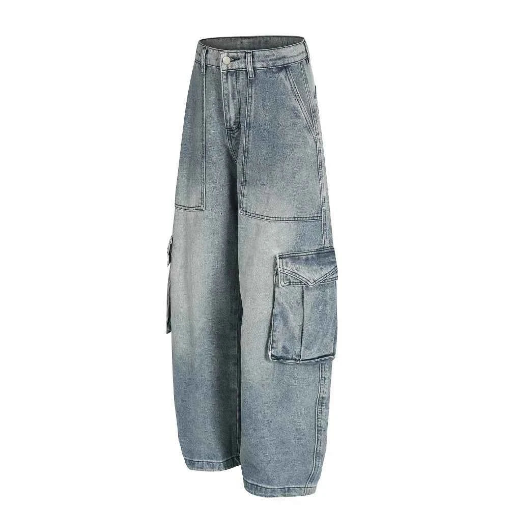 Streetwear Distressed Multi Pocket Wide Leg Denim Jeans