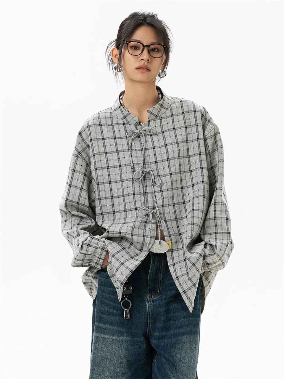 Elegant Gray Cool Plaid Blouse Long Shirt