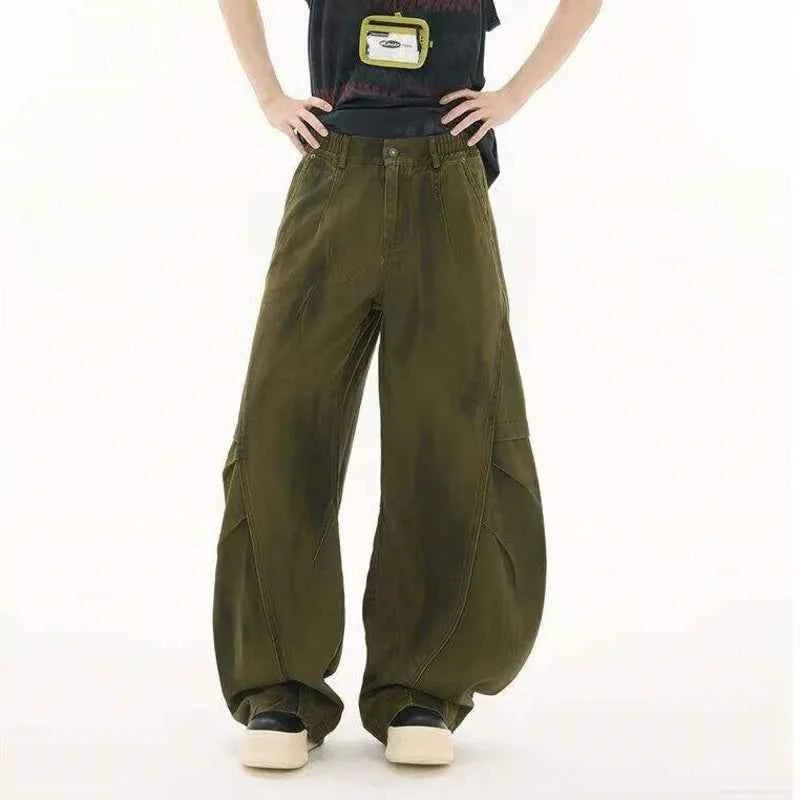Contrast Green Casual Straight Wide Leg Jeans