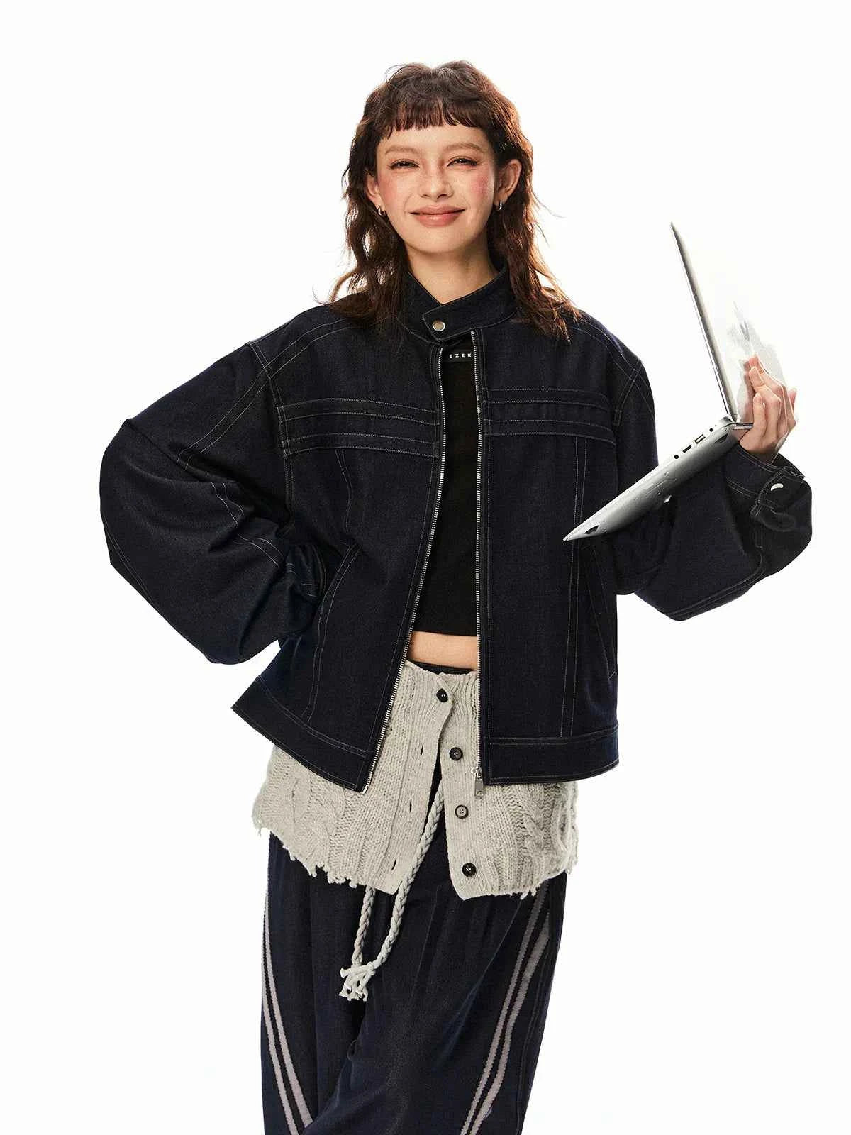 Women Cow Color Washed Denim Jacket