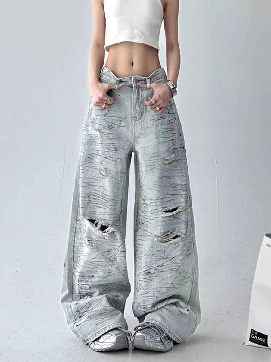 High Waist Spliced Hollow Out Jeans