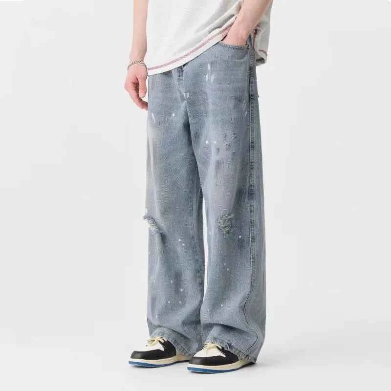 Ripped Baggy Graffiti Printed Denim Jeans