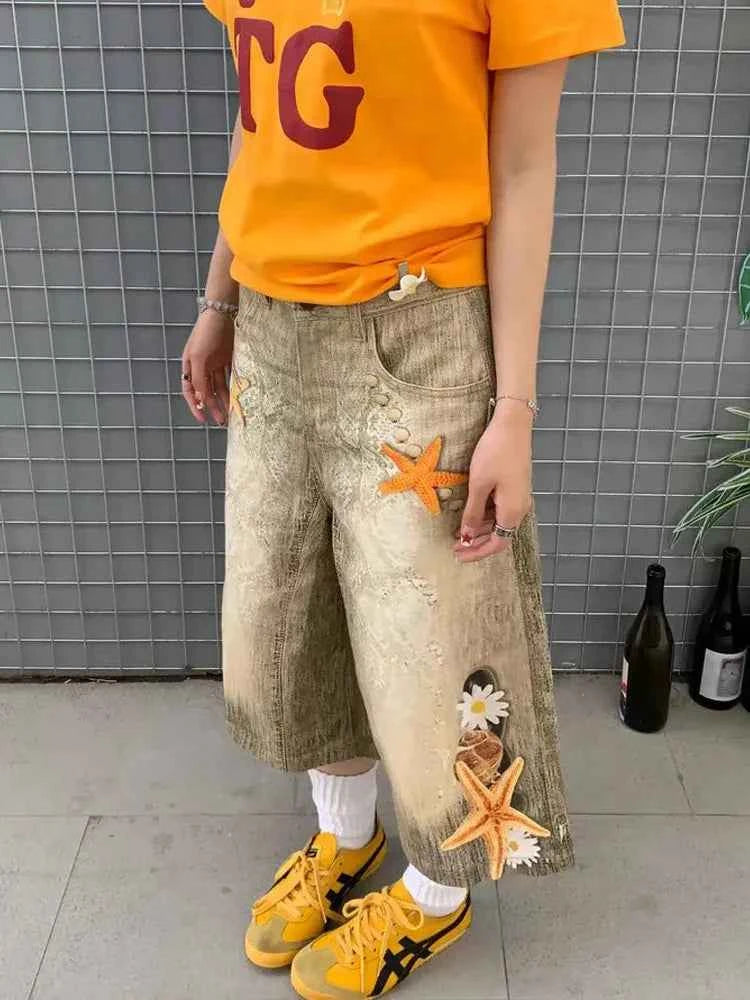 Cozy Oversized Star Washed Denim Jorts