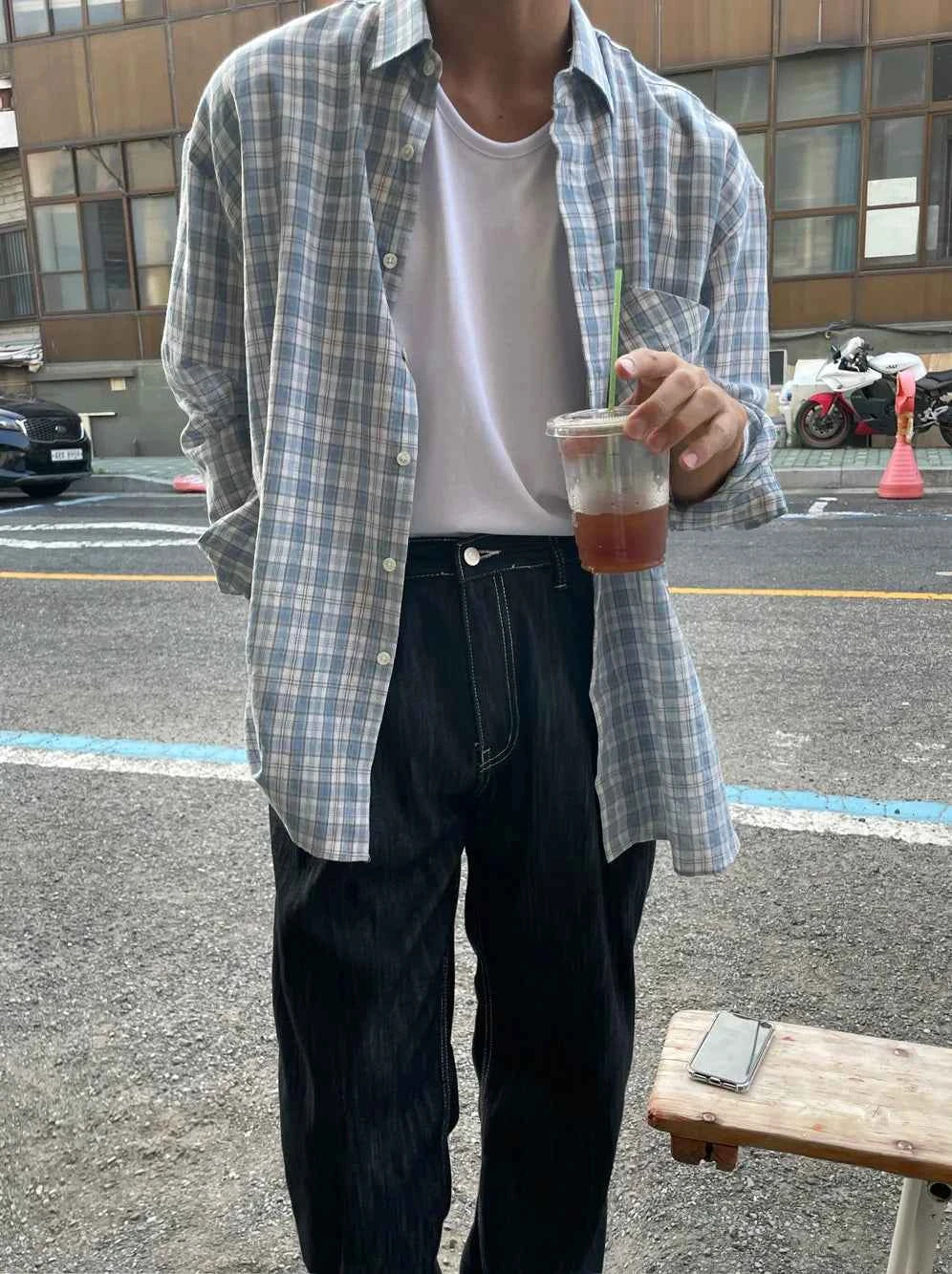 Men's Casual Loose Korean Style Plaid Long Shirt