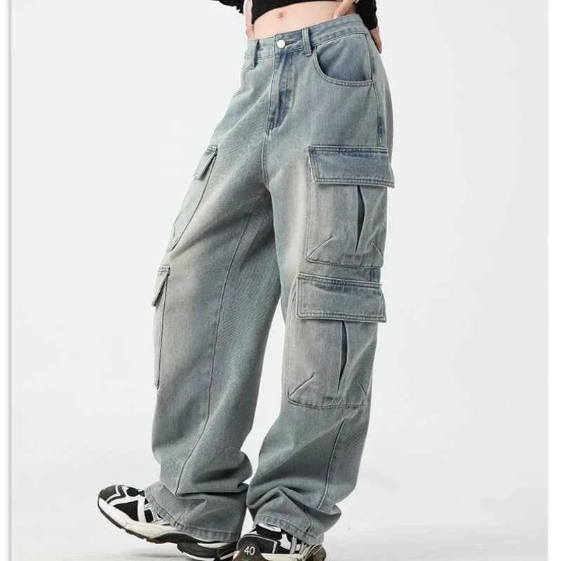 Timeless Fit Washed Denim Wide Leg Cargo Jeans