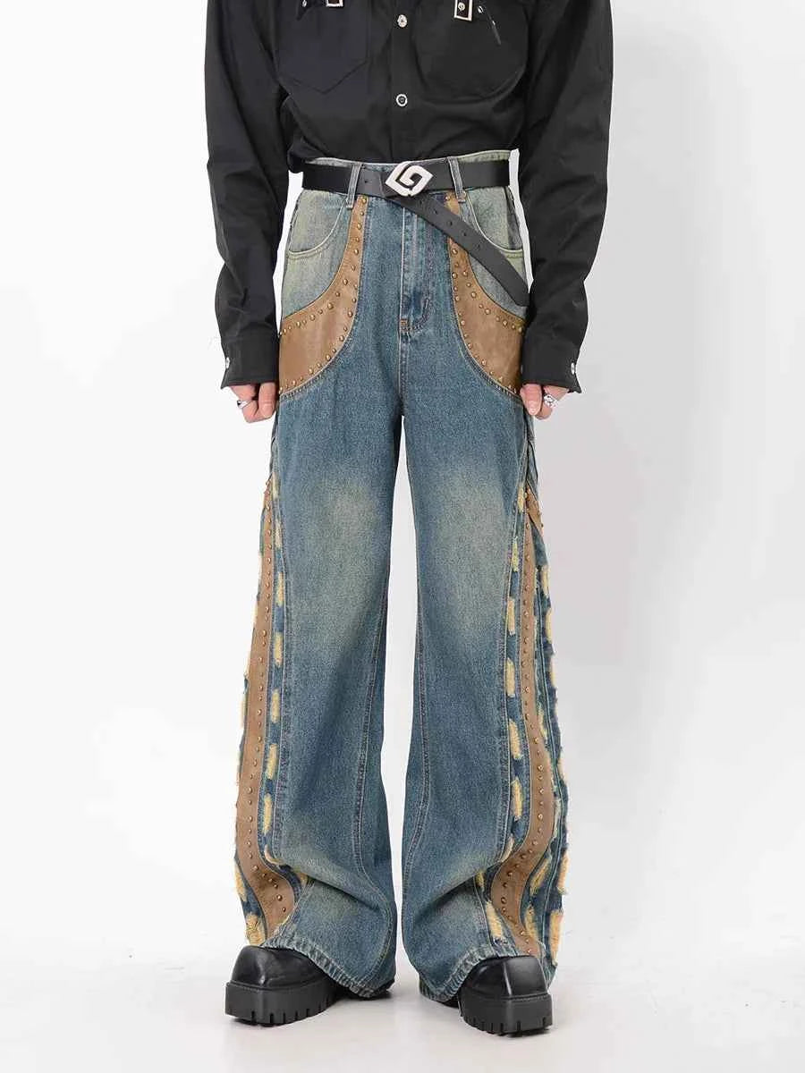 Vintage Distressed Studded Leather Patchwork Jeans