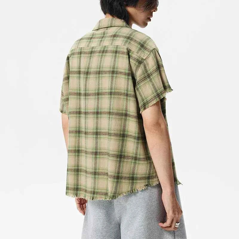 Green Plaid Vintage Lapel Short Sleeve Shirt