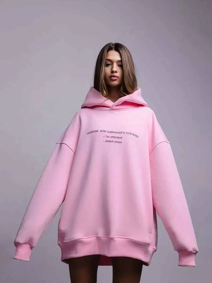 Cozy Oversized Retro Print Fleece Hoodie