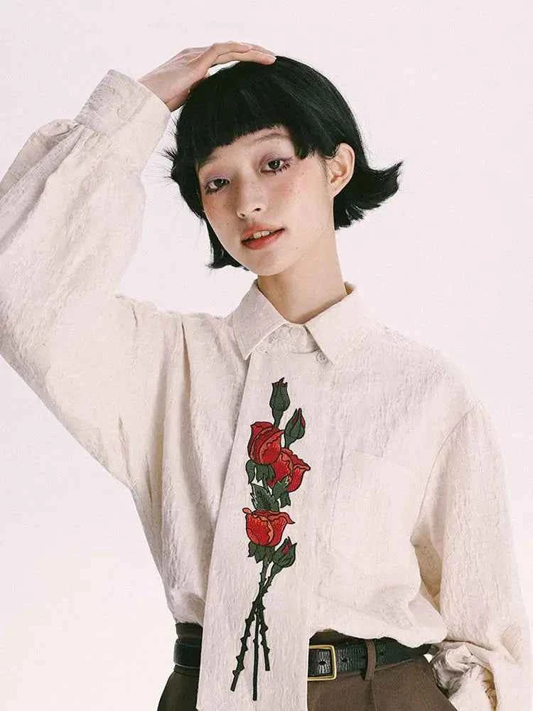 Chic Retro Floral Embroidery Long Shirt