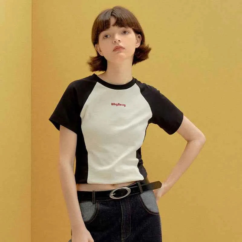Streetwear Retro Vintage Korean Style Slim Patchwork T-Shirt