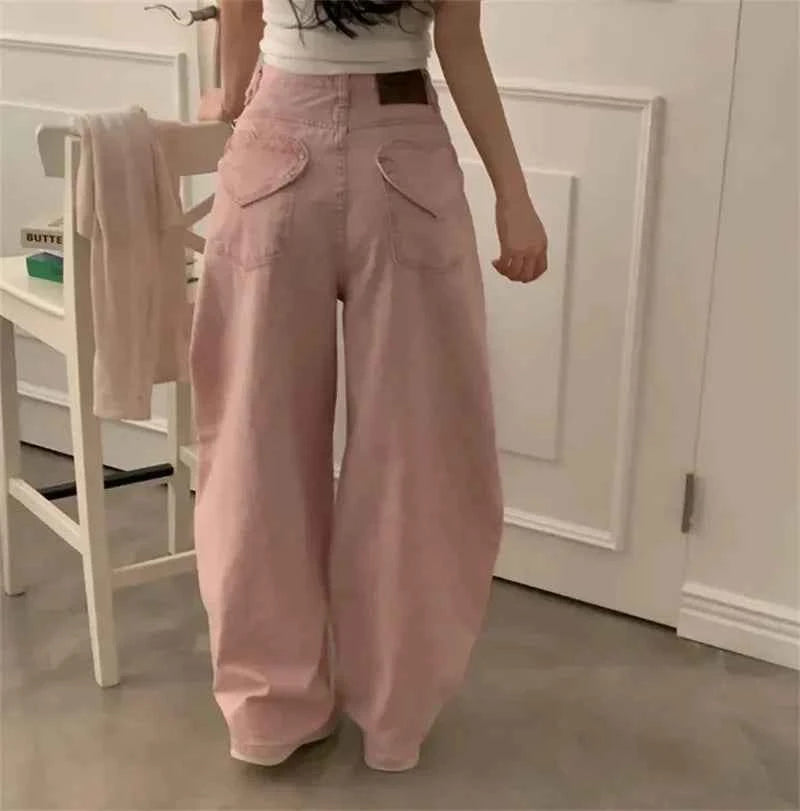 Women Retro High Waist Washed Loose Jeans