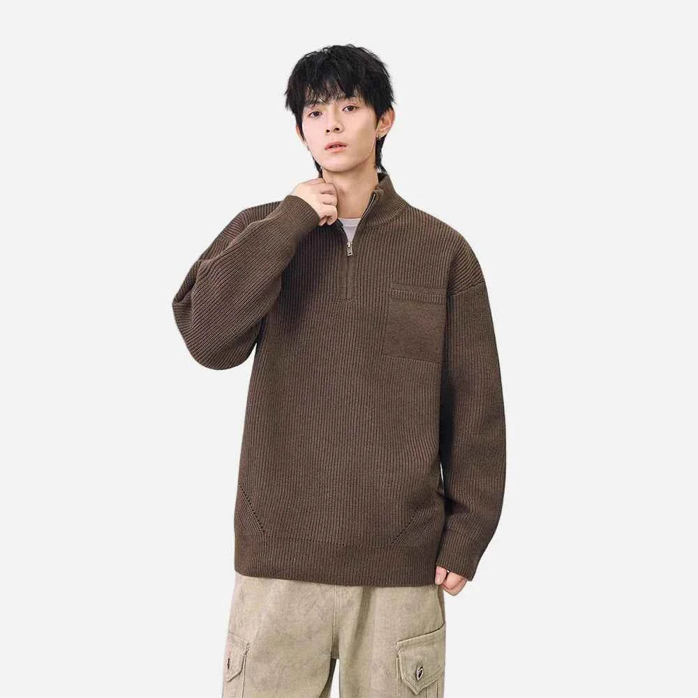 Soft Ribbed Knit Mock Neck Half Zipper Sweater