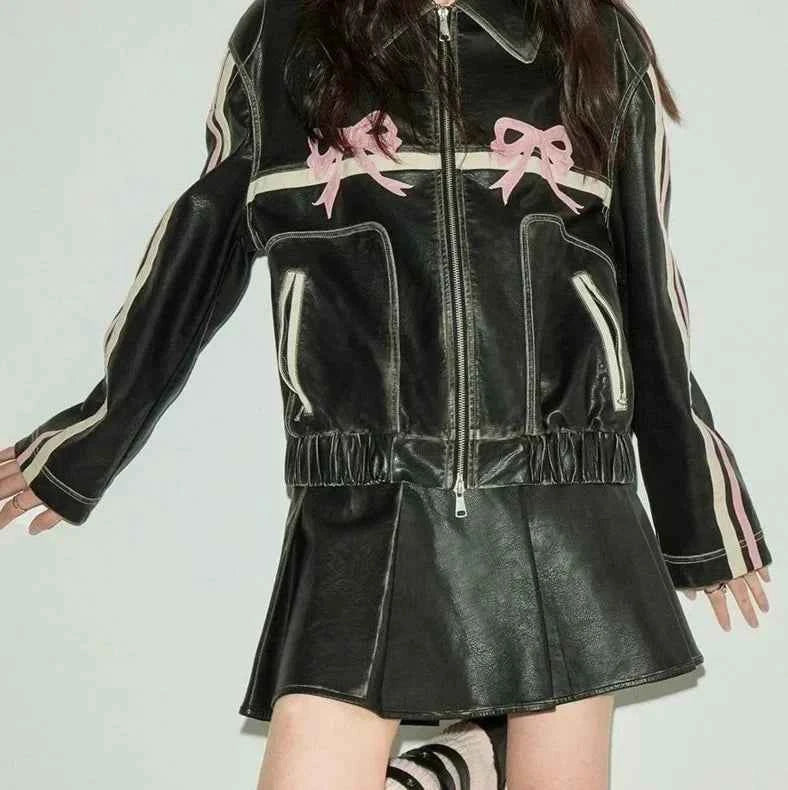 Women Durable Faux Bow Zipper Leather Jacket