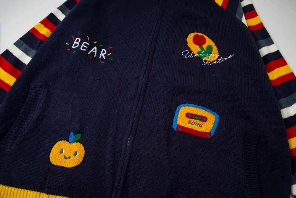 Color Block Single Breasted Embroidery Knitted Cardigan