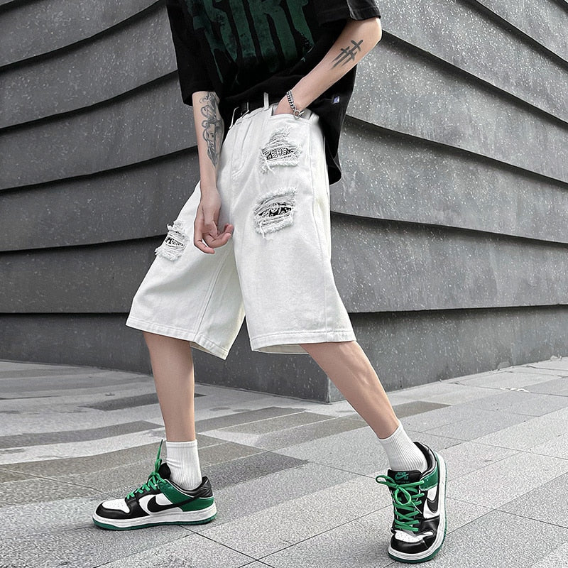 Ripped Hole Patchwork Knee Length Shorts