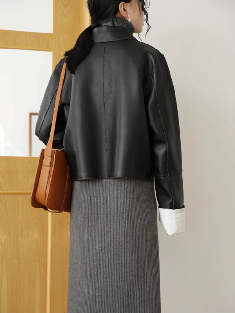 Women Luxury Retro Collar Short Leather Jacket - Luxuryurbanwear