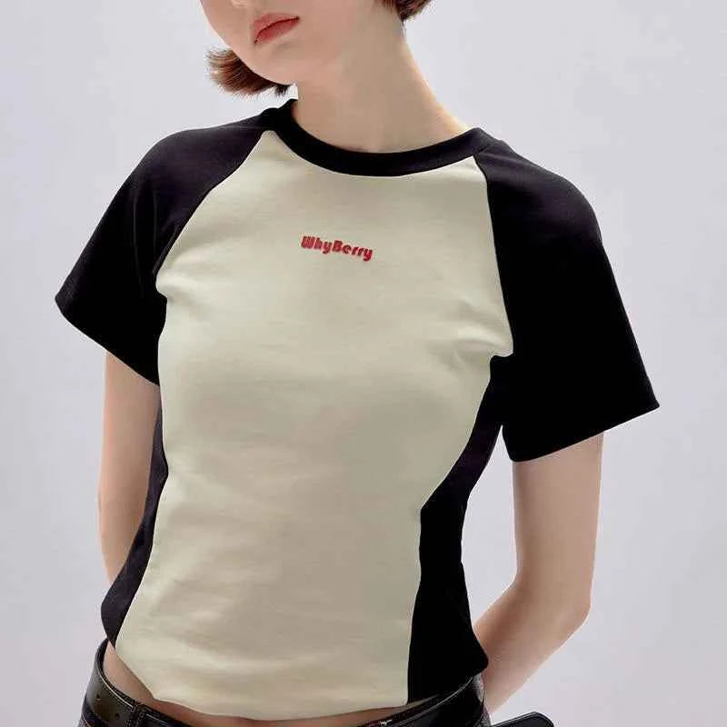 Streetwear Retro Vintage Korean Style Slim Patchwork T-Shirt