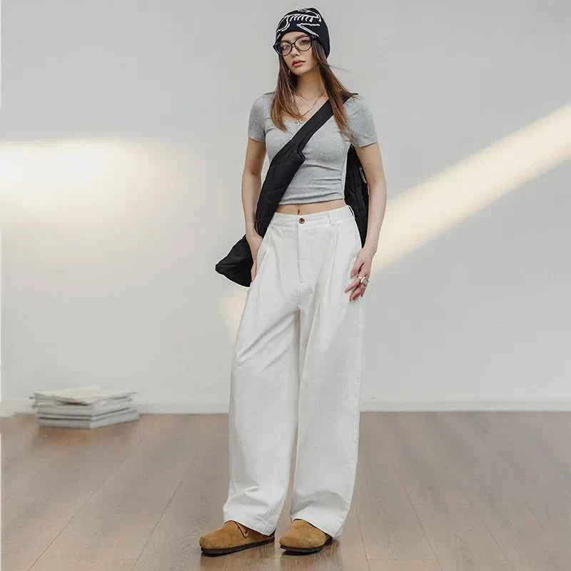 White Cotton Casual Wide Leg Pants