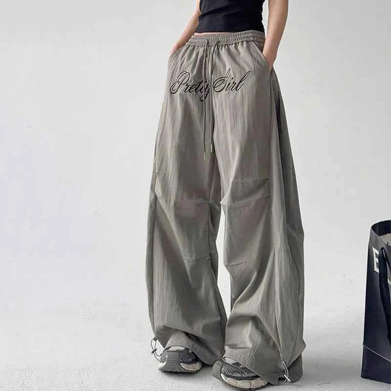 Gray Parachute Letter Embroidery Cargo Pants